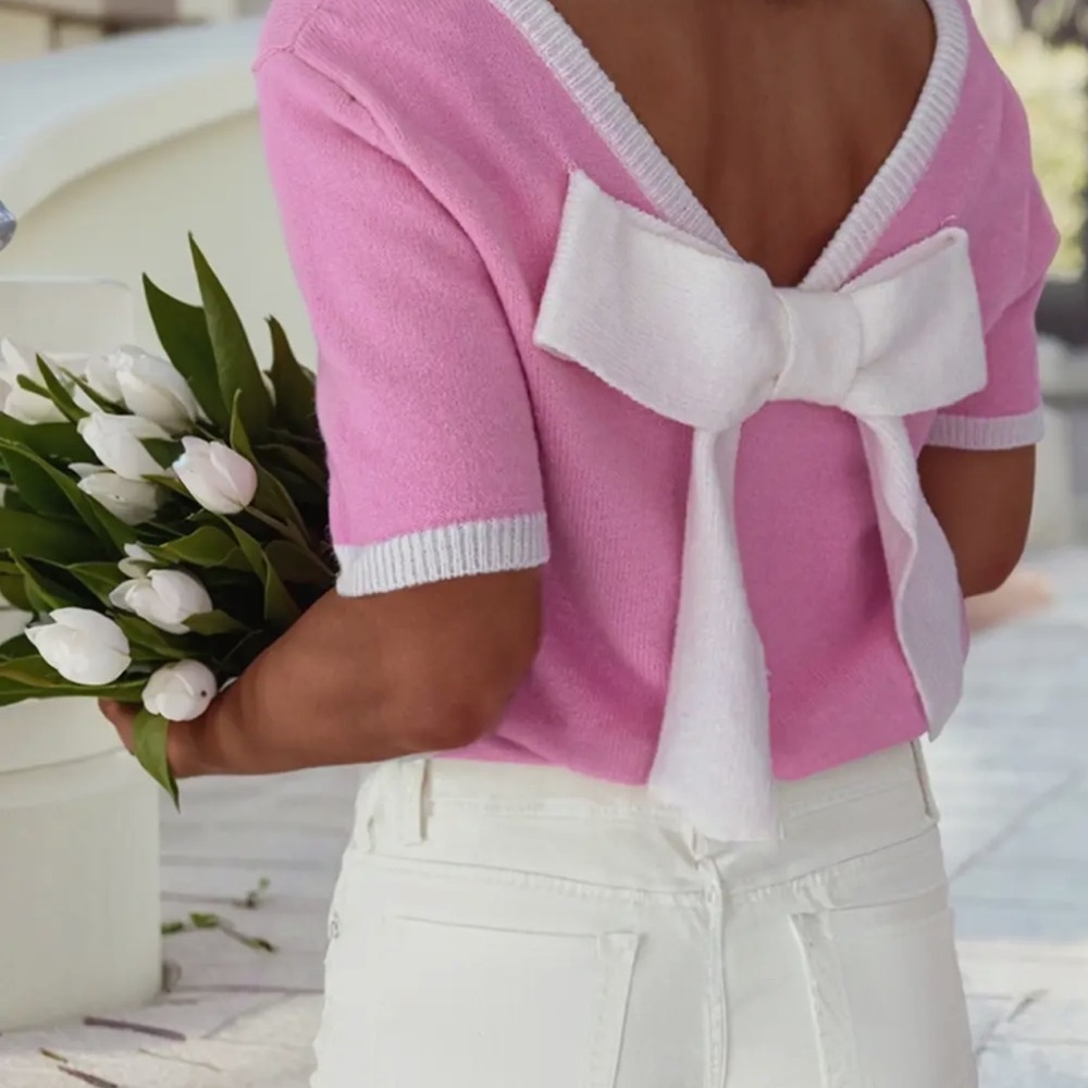 Pink Sweater with White Bow